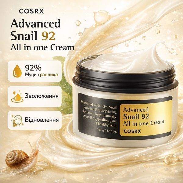 COSRX Advanced Snail 92 All in one cream 100ml - зволожуючий крем для сяяння шкіри Cosrx_1200 фото