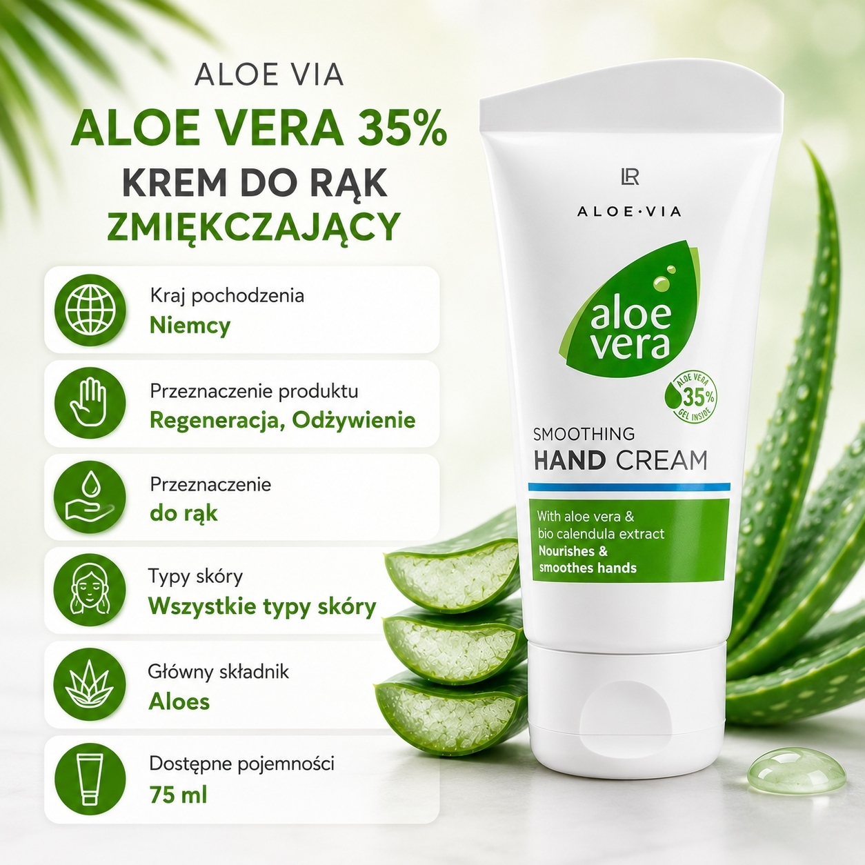 Infografika ALOE VIA Aloe Vera 35% Krem zmiękczający do rąk LR Health & Beauty, 75 ml