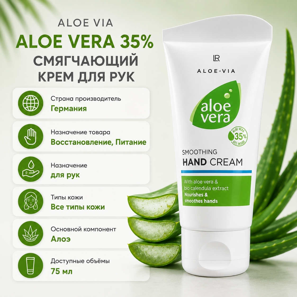 Инфографика ALOE VIA Aloe Vera 35% Смягчающий крем для рук LR Health & Beauty, 75 мл