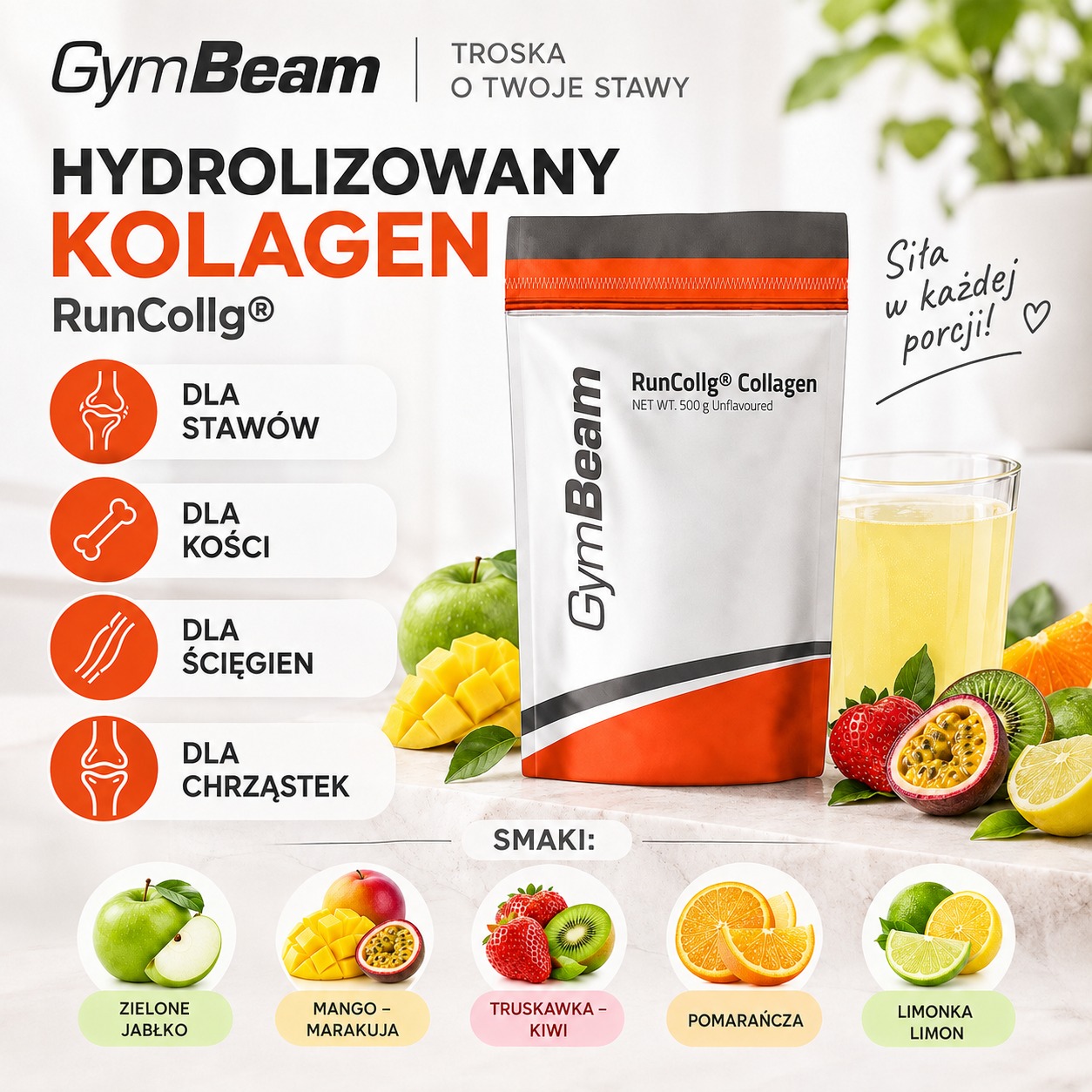 Infografika dotycząca hydrolizowanego kolagenu RunCollg – GymBeam