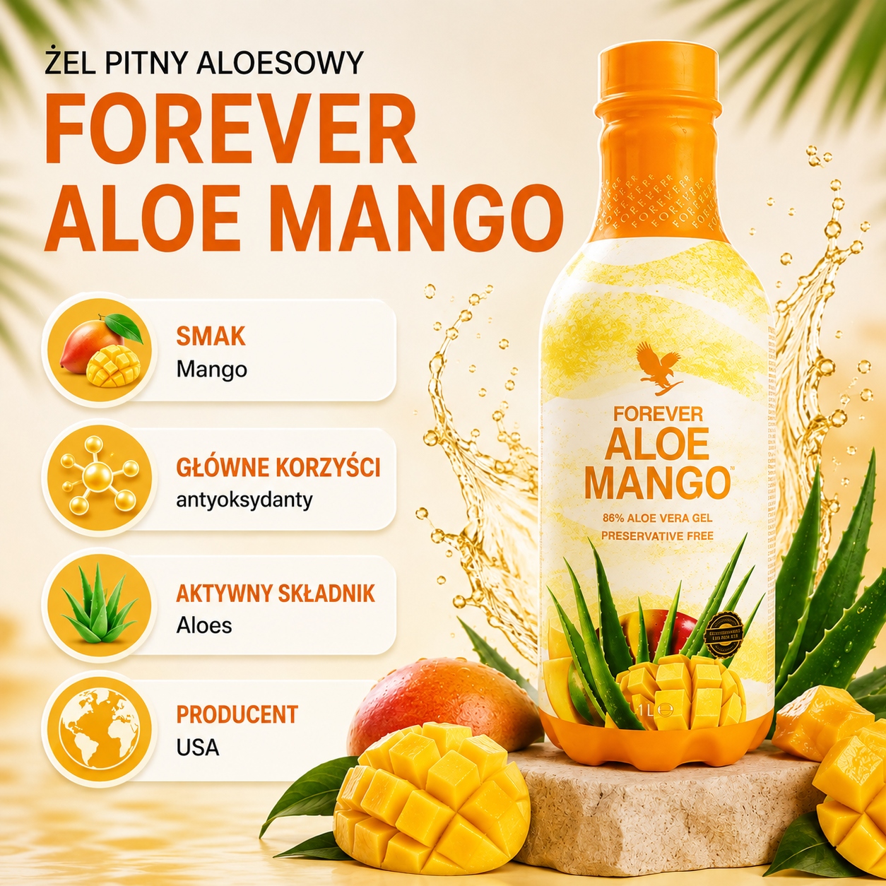 Infografika Żel do picia Forever Aloe Mango Aloe Vera Forever Living Products 1000 ml Mango