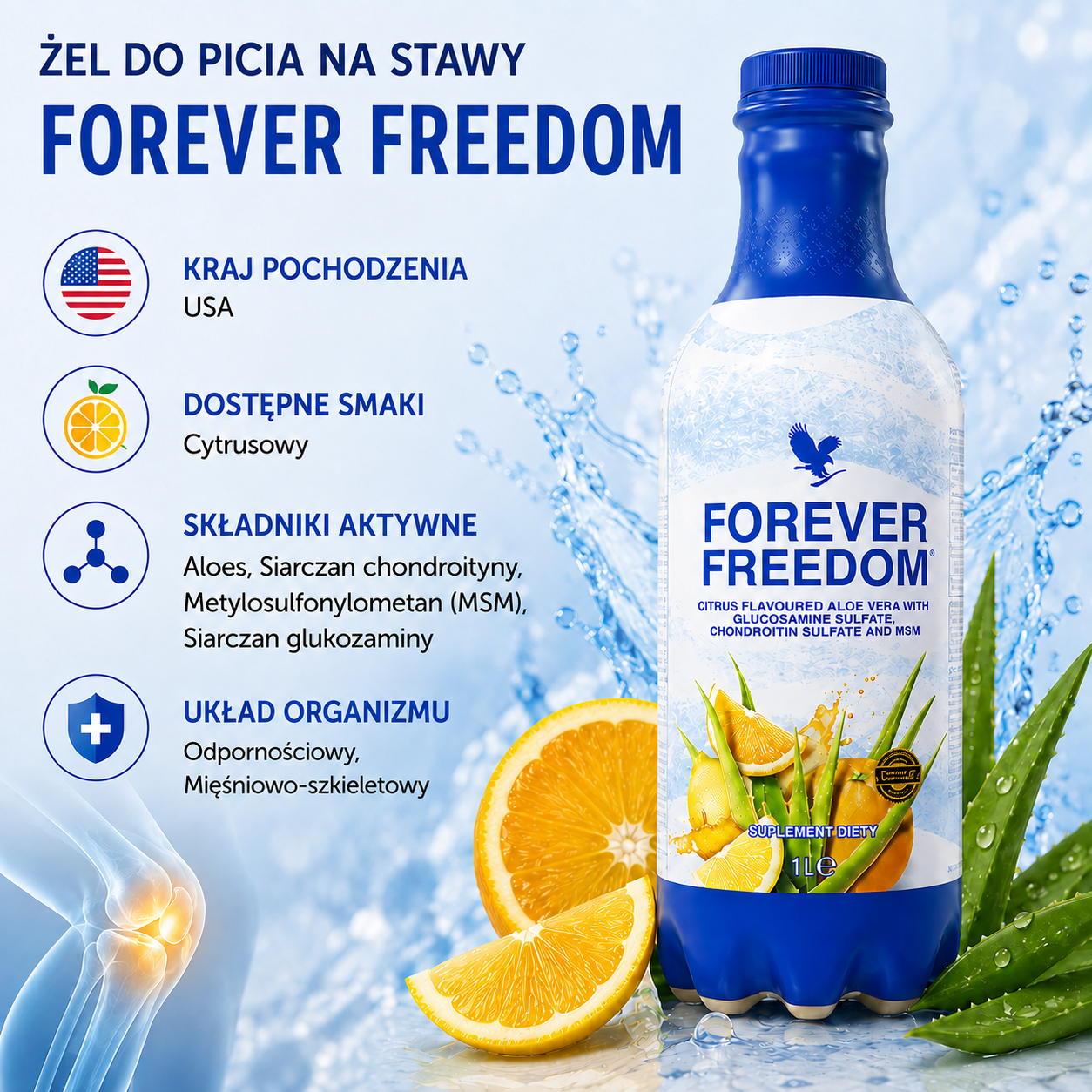 Infografiki Żel do napoju z aloesem na stawy Forever Freedom Forever Living Products 1000 ml Citrus