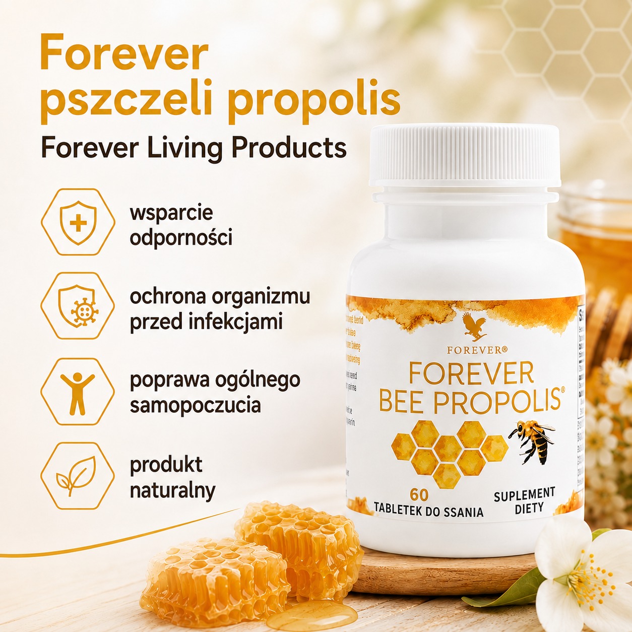 Infografika Forever Bee Propolis Forever Living Products, 60 tabletek