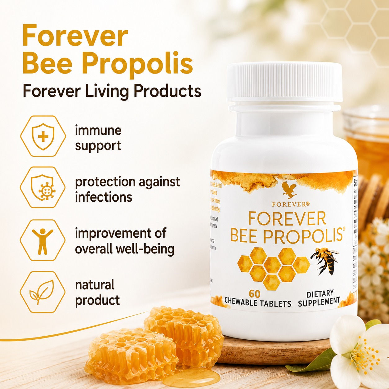 Infografika Forever Bee Propolis Forever Living Products, 60 tablets