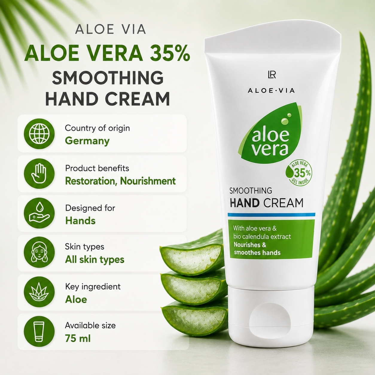 Infographic ALOE VIA Aloe Vera 35% Hand Softening Cream LR Health & Beauty, 75 ml