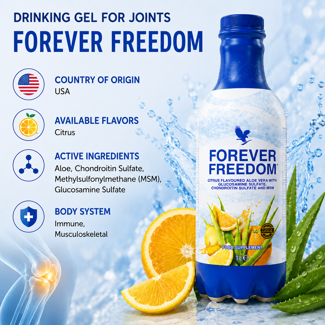 Infographics Aloe vera drinking gel for joints Forever Freedom Forever Living Products 1000 ml Citrus